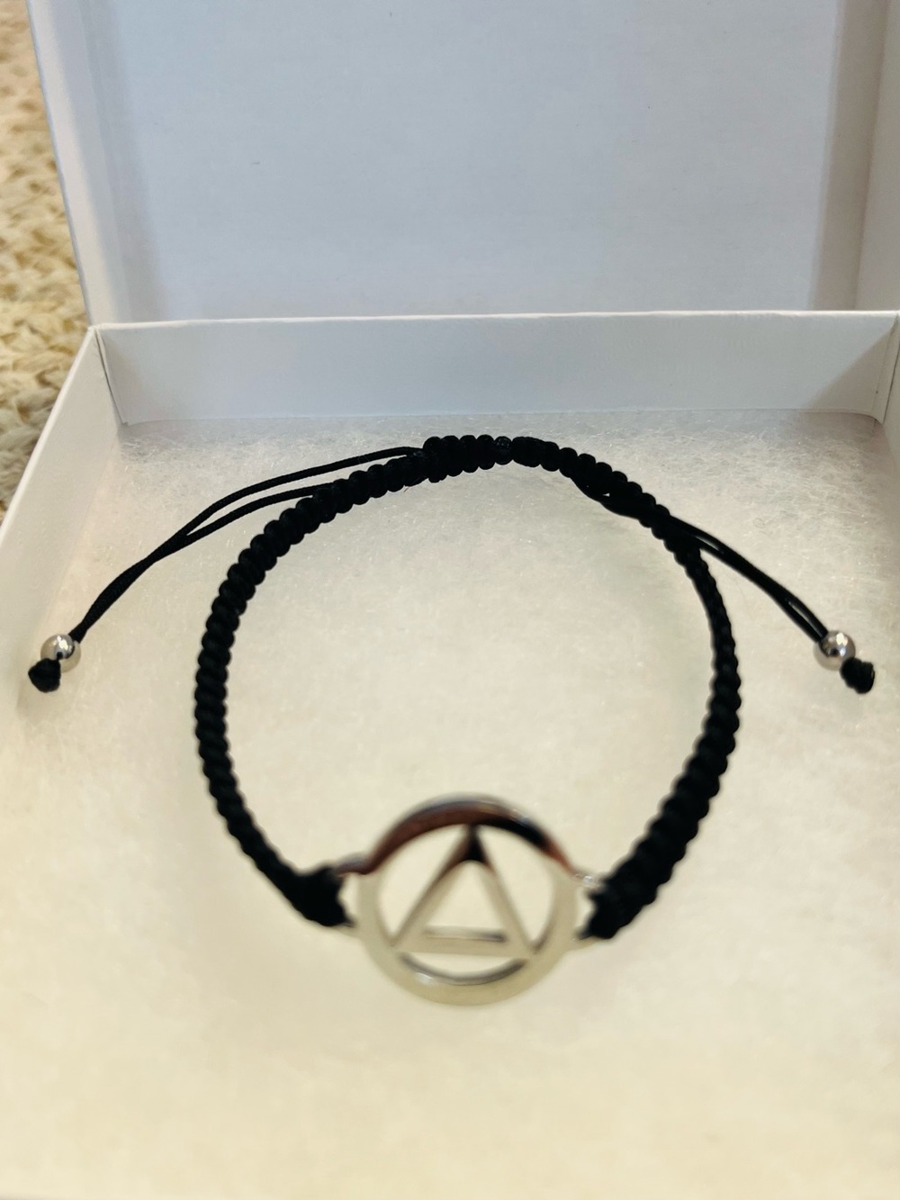 Black Braided Cord Bracelet with Silver Triangle and Circle Recovery Charm